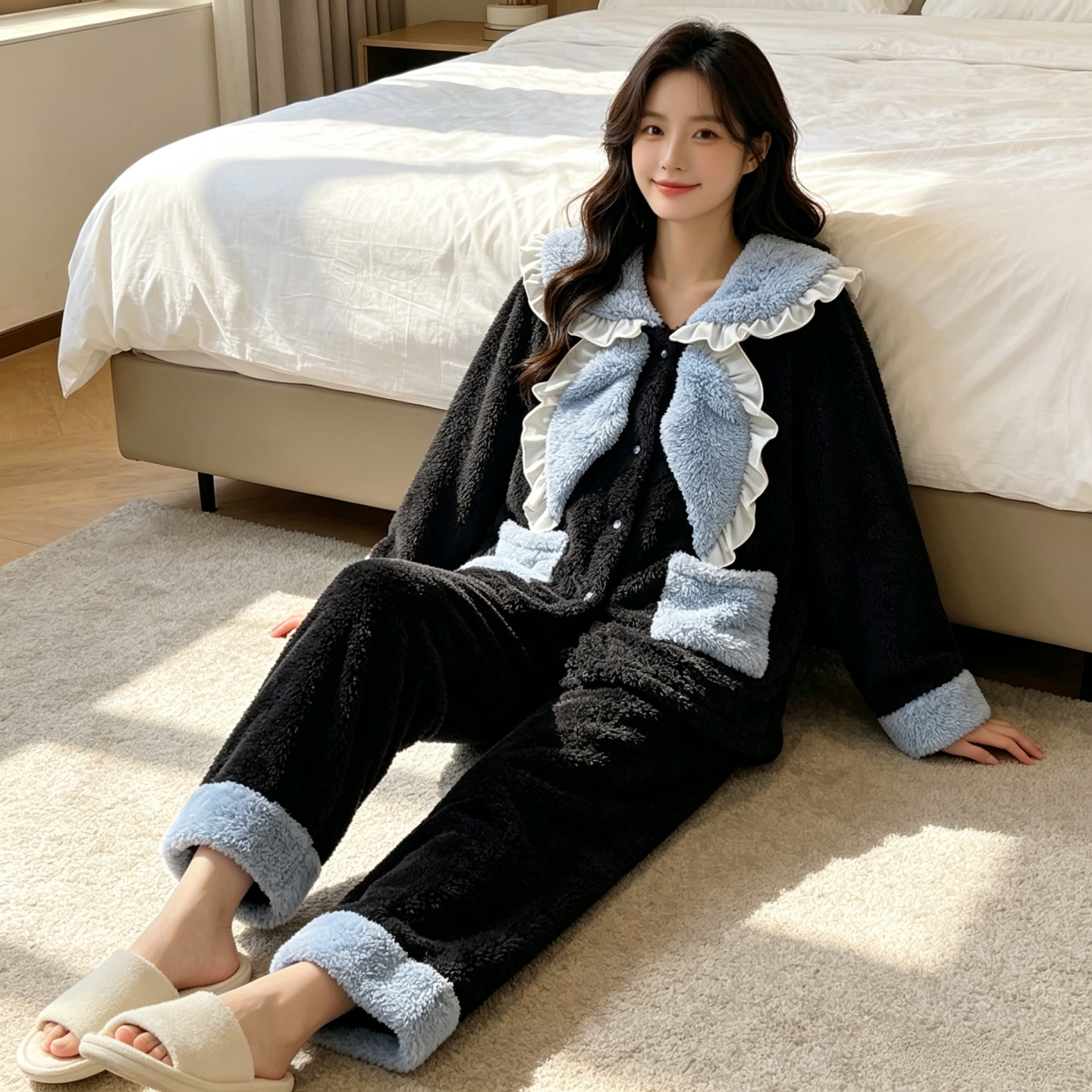 菀瑰冬加厚保暖珊瑚绒女睡衣套装