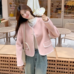 秋冬小香风包边粉色双面羊绒大衣短外套D905 货 P230K318 现 新款