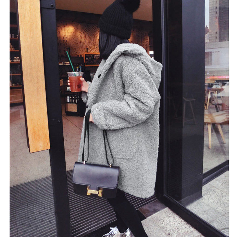 2026韩系学院风灰色连帽羊羔毛大衣女中长款毛呢外套加厚保暖大衣