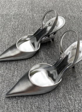 出口外贸爆款M*G气质女鞋欧美细高跟尖头后绊带时尚百搭美式凉鞋