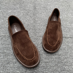 外贸英伦风反绒皮乐福鞋女圆头一脚蹬豆豆鞋舒适百搭休闲日常单鞋