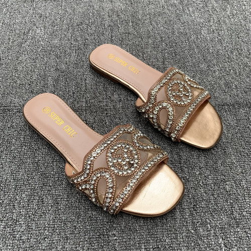 跨境原单夏季爆款时尚百搭休闲外穿露趾凉鞋满水钻网红一字型拖鞋