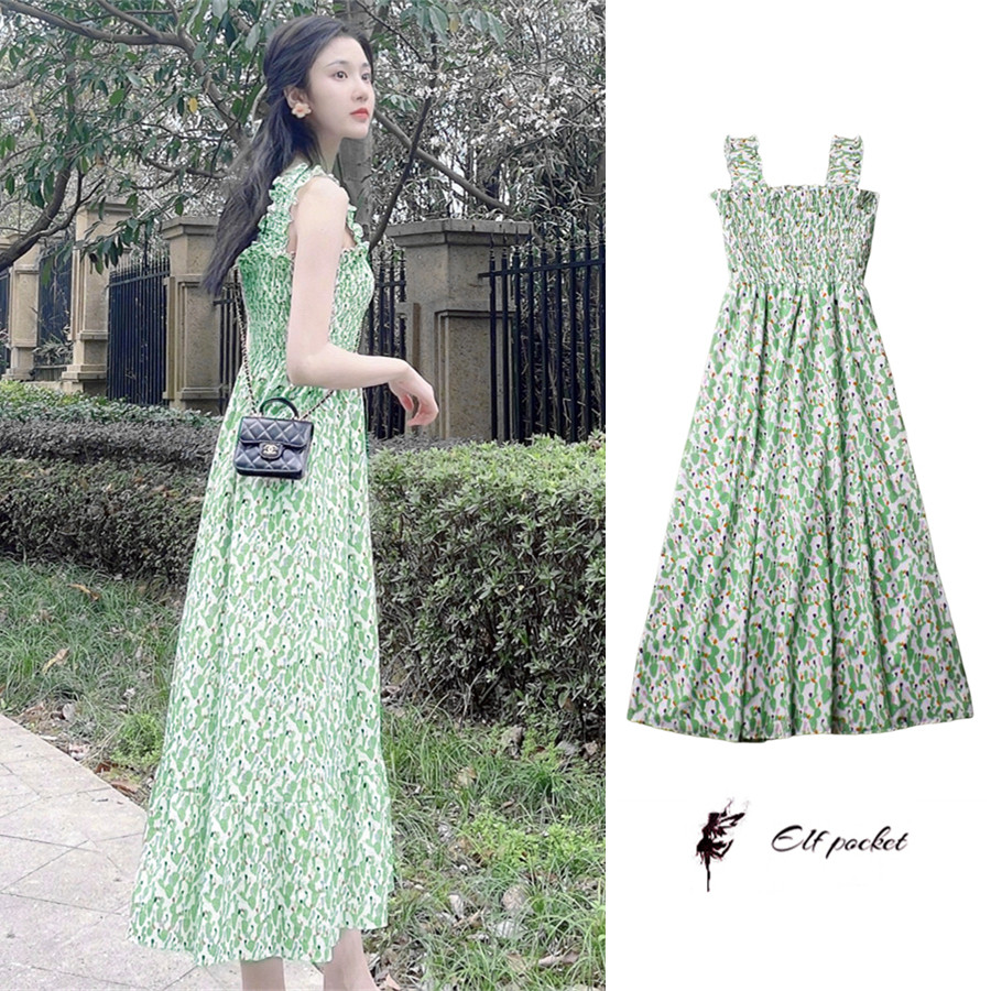 精灵 夏季明星张慧雯同款淡绿色碎花印花甜美风背带裙连衣裙长裙