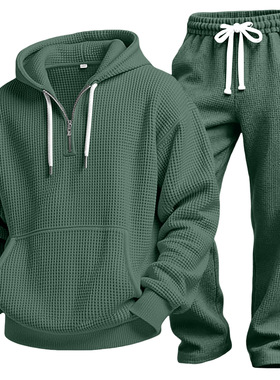 欧美新款纯色长袖长裤两件套运动简约百搭休闲男装套装men's suit