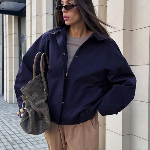美式工装风立领短款夹克女2026春秋宽松落肩休闲简约百搭通勤外套