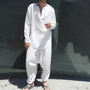 欧美男士套装春季宽松休闲纯色V领长袖长裤两件套套装