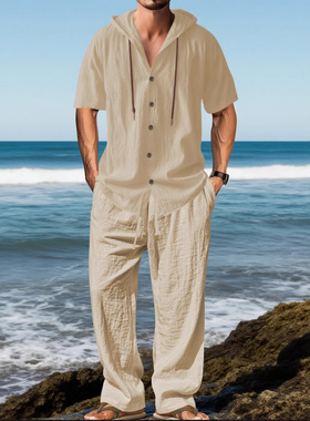 欧美男士运动休闲套装连帽长袖衬衫宽松长裤套装男