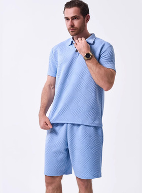 夏季热卖新款男士纯色提花衫休闲短袖短裤两件套装