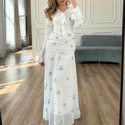 女士晚宴V领荷叶边喇叭袖礼服