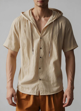 欧美夏季美式薄款纯色开衫宽松连帽短袖衬衫男装