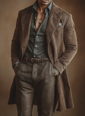 欧美秋冬新款中长款毛绒西装外套复古休闲纯色大衣外套男