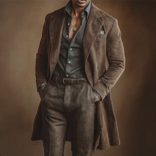 欧美秋冬新款中长款毛绒西装外套复古休闲纯色大衣外套男