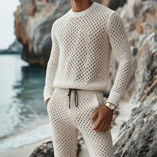 欧美秋冬季新款休闲修身圆领长袖长裤男士毛织套装男装