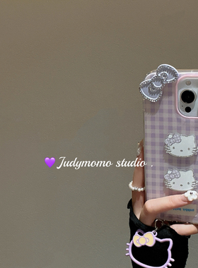 韩系少女风紫色格子KT苹果16手机壳适用iPhone15promax新款16pro挂件软壳14pro可爱13防摔套