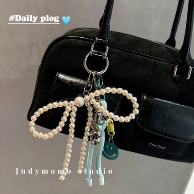 韩国ins珍珠蝴蝶结薄荷绿绳挂件