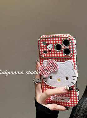 日韩ins红色格子KT猫贴皮软壳适用17promax手机壳16pro苹果新款iPhone15防摔全包14少女17可爱