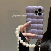 日韩ins香芋紫色面包方块纯色适用iPhone13手机壳16promax苹果15珍珠斜挎链条14