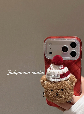 韩系ins红色格纹立体小熊支架适用17pro新款苹果16手机壳iPhone15promax防摔套14少女小众17