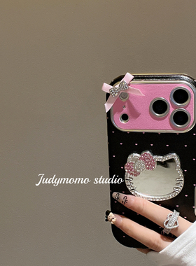 日韩ins可爱粉黑波点KT镜面适用17promax手机壳16苹果新款17贴皮大视窗15pro全包硅胶14少女