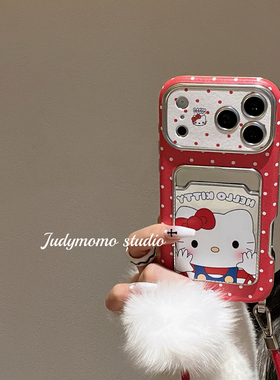 日韩ins红色波点KT可爱手机壳适用17promax手提绳16苹果新款iPhone15pro防摔皮质14少女