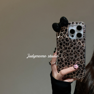 ins甜酷女立体黑钻蝴蝶结豹纹壳