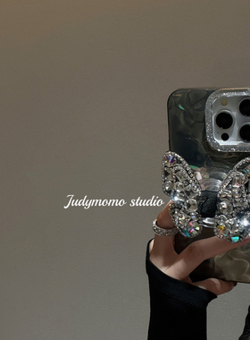 ins高级感碎钻闪闪立体蝴蝶支架适用16pro苹果新款iPhone14手机壳13少女气质灰15promax防摔保护套