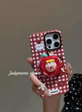ins小众红色小苹果可爱磁吸支架适用iPhone16苹果15promax/16手机壳新款14磁吸硬壳14少女13格子