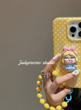 小众设计ins风立体哭娃黄色波点苹果16pro手机壳适用iPhone15promax珠子链条14防摔13/16新款软壳