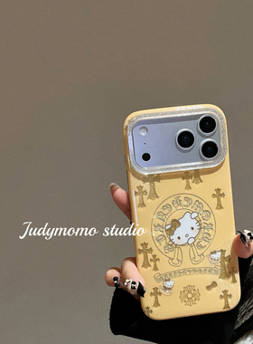 ins甜酷黄色闪粉十字架kt猫适用iPhone17苹果新款16promax手机壳15防摔气质14pro少女