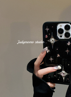 Bling黑色闪钻星星Y2k少女软壳适用15pro苹果14手机壳iPhone16promax滴胶12新款