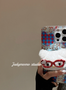 韩系ins小众蓝色豹纹KT毛绒支架iPhone17适用16promax苹果新款15手机壳14防摔套女