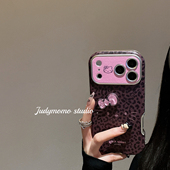 韩系ins豹纹粉棕KT立体蝴蝶结适用iPhone17 16promax手机壳苹果15新款 17防摔大视窗14硅胶