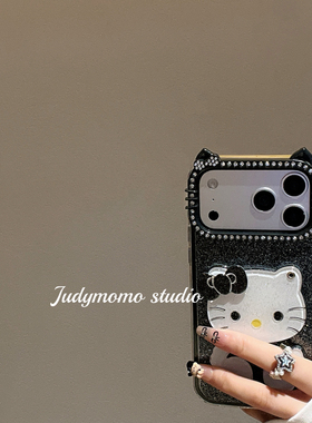 ins可爱少女立体KT镜面闪粉黑适用17promax手机壳16苹果新款iPhone15防摔猫镜头框14pro