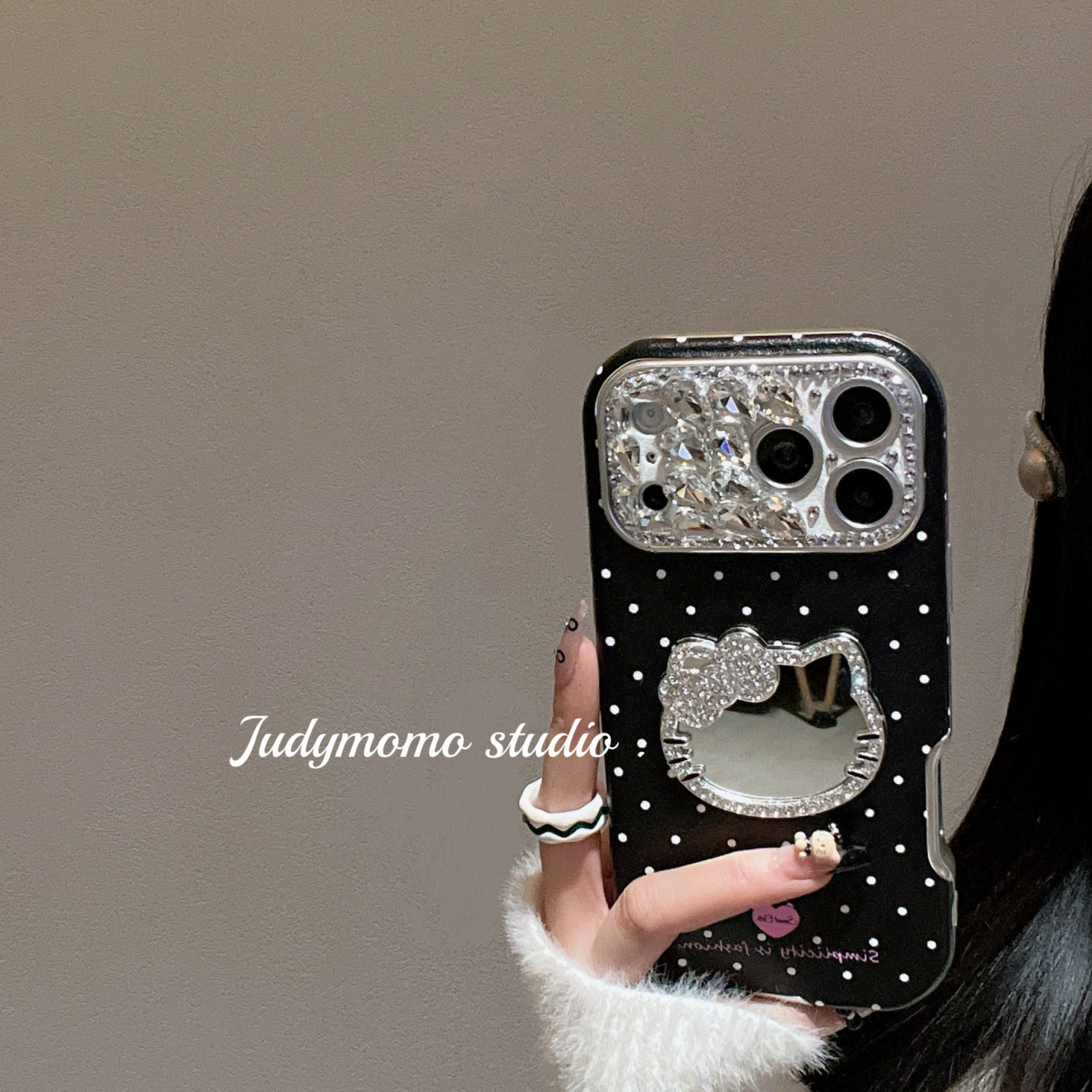 韩系ins黑白波点KT镜面手工贴钻适用17promax手机壳iPhone16苹果新款15/17全包大视窗防摔14少女软壳保护套