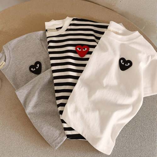 辰妈儿童短袖纯棉条纹爱心T恤