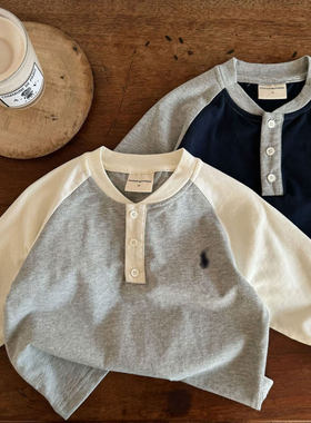 2026春秋新款儿童T恤男女童拼色长袖打底衫宝宝日系潮牌Polo衫