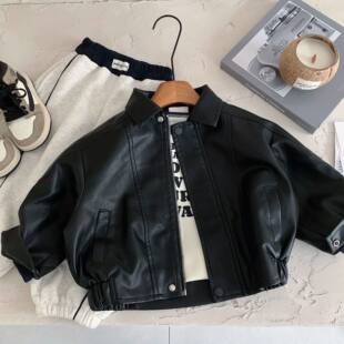 帅气拼接夹克上衣潮 宝宝纯色经典 2026春秋新款 儿童皮衣男女童韩版