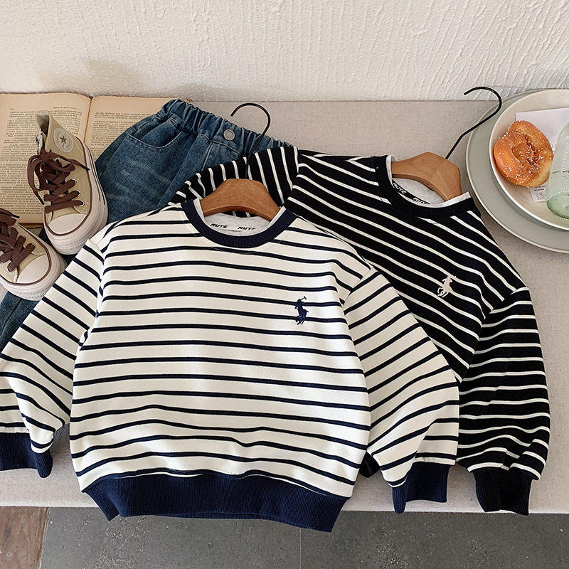 2026春秋新款儿童卫衣时尚男女童宝宝韩版百搭条纹刺绣套头衫洋气