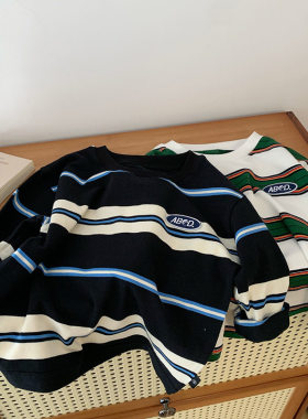 秋季新款儿童条纹T恤长袖男女童休闲上衣撞色宝宝字母打底衫纯棉