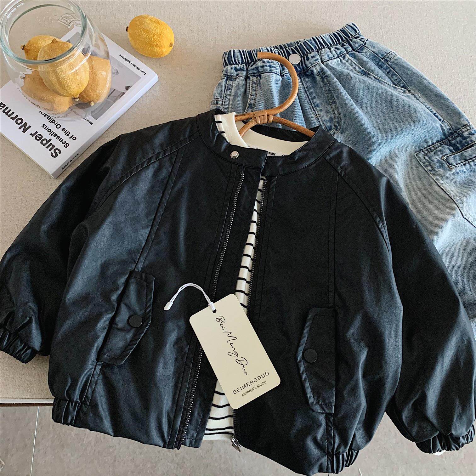 2026春儿童外套男童帅气百搭皮夹克宝宝小童洋气黑色潮酷机车皮衣