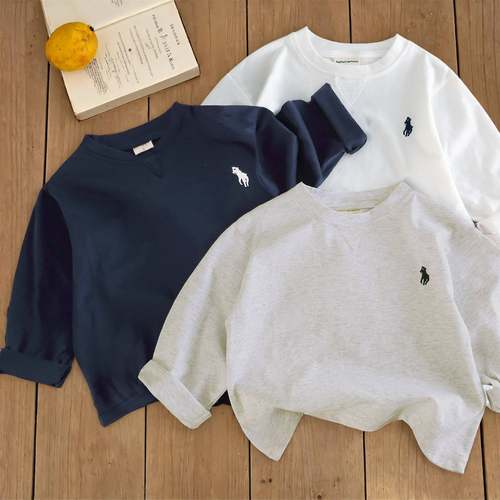 辰妈儿童T恤2025春男女童小马标长袖打底衫宝宝纯色休闲上衣潮