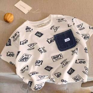 男女童日系满印上衣潮牌宝宝口袋半袖 2025款 字母 T恤夏季 儿童短袖