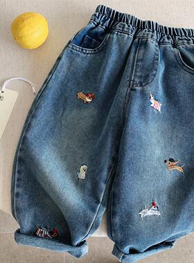 2026春秋儿童长裤男童卡通刺绣蓝色水洗牛仔裤宝宝小童休闲直筒裤