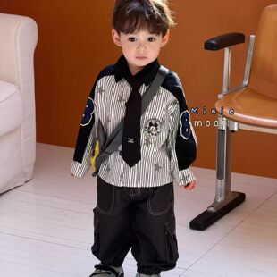 2026春季新款儿童洋气卡通衬衫韩版男童米奇条纹衬衣男宝宝上衣潮