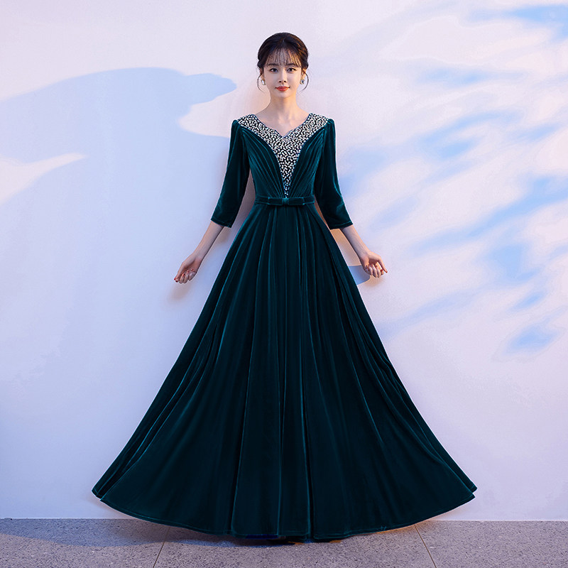 金丝绒大合唱团演出服女长裙社区演出比赛大码定制胖mm高级感578B