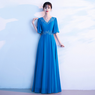 蓝色大合唱演出服女长裙中老年主持人礼服端庄大气高级感高端2322