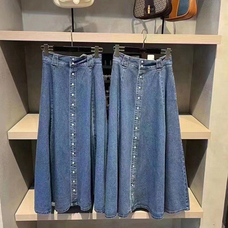 纯原M家 2024春夏新品 单排扣褶皱高腰牛仔半身裙女028GSA11-0040