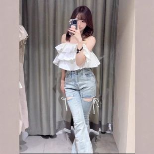 跨境 微喇裤 WZFS2558秋冬日系甜美高腰修身 显瘦蝴蝶结镂空牛仔裤