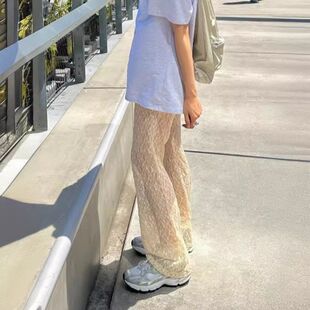 纯色夏 韩版 日系少女甜美立体蕾丝网纱喇叭长裤 有内衬安全短裤