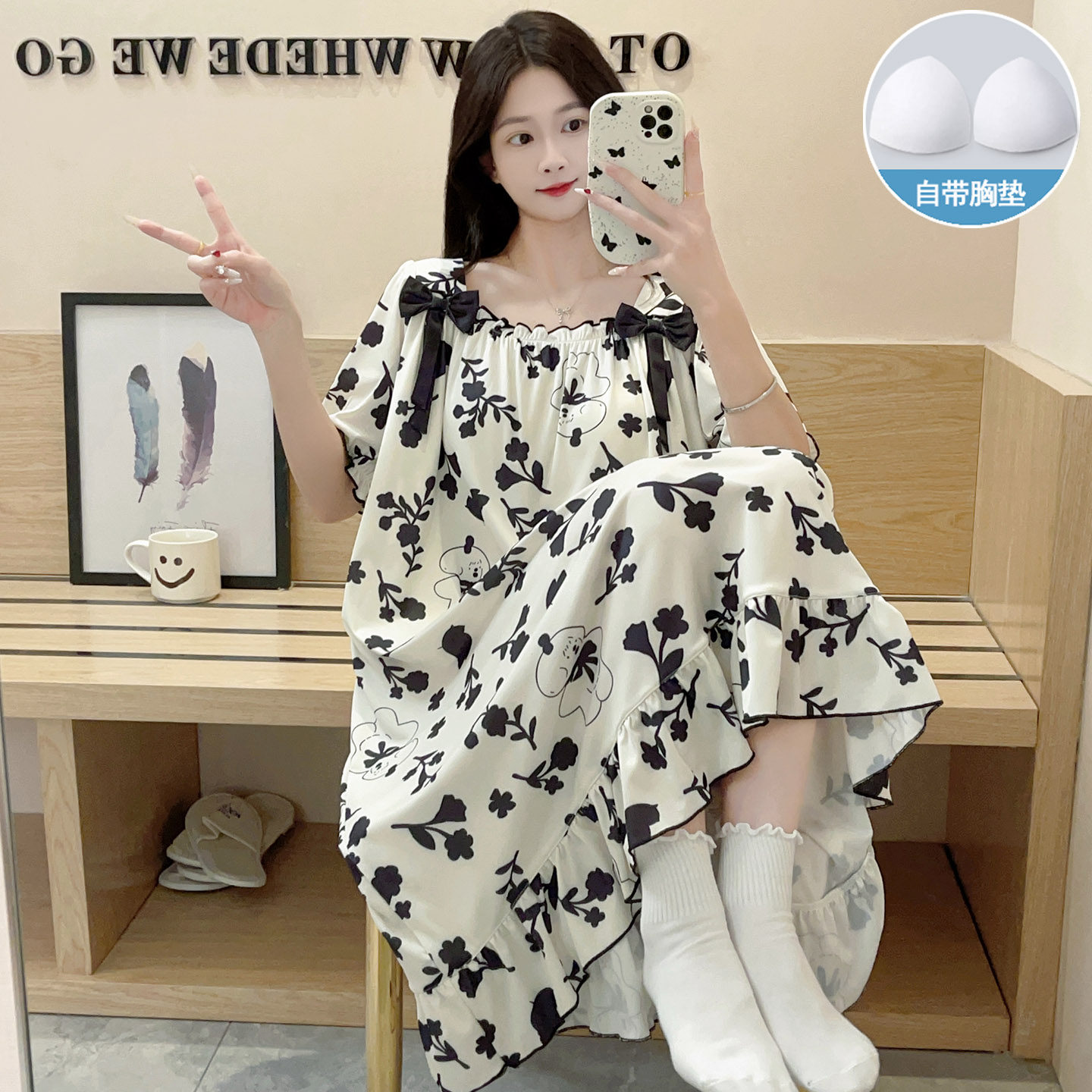 睡裙女款2025新款夏季带胸垫公主风冰丝螺纹夏天可外穿睡衣家居服